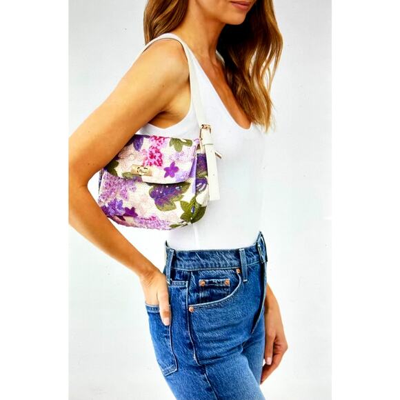 8 Other Reasons Floral Sequined Clutch/Shoulder Bag Purple Pink Green - Picture 1 of 16